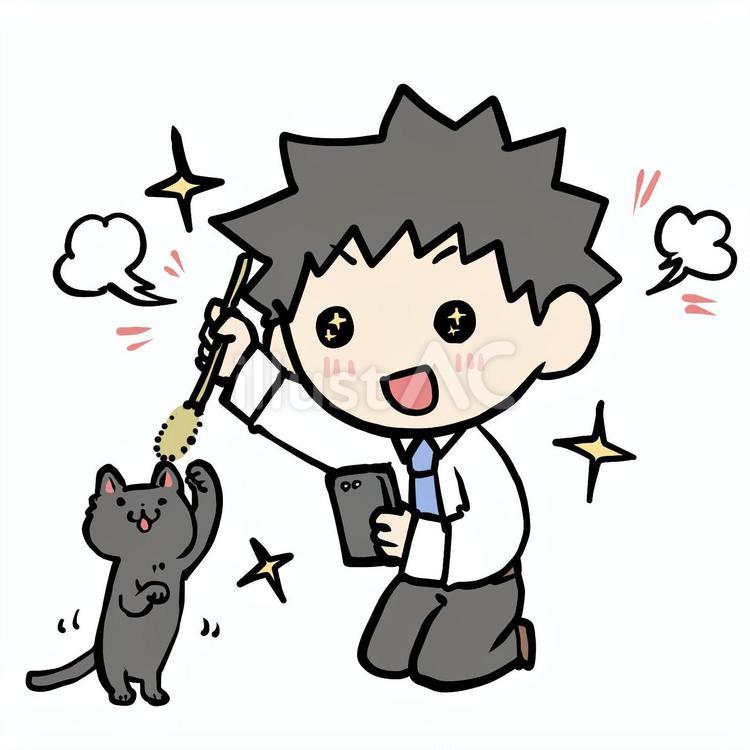 大興奮で猫をじゃらす男性 猫,大興奮,じゃらすのイラスト素材