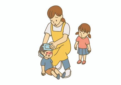 熱中症のお友達を心配する子供 熱中症,手当,ママ,保育士,保育園,処置,冷やす,氷嚢,夏,男の子のイラスト素材