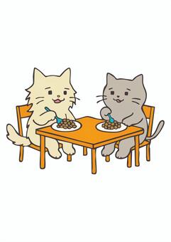 CA_C06_らんち 猫,手描き,動物,日常風景,かわいい,食事,ランチのイラスト素材