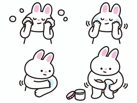スキンケアうさぎセット うさぎ,洗顔,洗う,泡,石鹸,化粧水,保湿,化粧品,クリーム,薬のイラスト素材