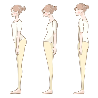 悪い姿勢３種② 姿勢不良,体型,骨格,猫背,巻き肩,反り腰,女性,レギンスのイラスト素材