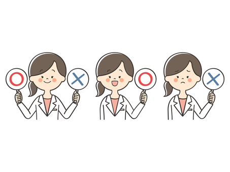 まるばつクイズをする白衣の女性のセット まるばつ,丸,バツ,不正解,間違い,誤り,正解,正しい,合っている,クイズのイラスト素材