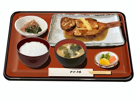 煮魚定食A2（朱色お盆付き） 煮魚,魚料理,魚,煮つけ,定食,和風,ご飯,みそ汁,漬物,箸のイラスト素材