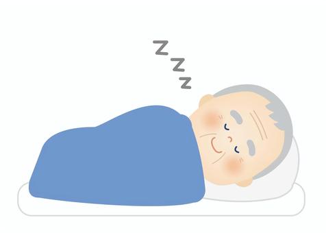 布団で寝ているシニア男性のイラスト 睡眠,シニア,スヤスヤ,安眠,布団,笑顔,快眠,ぐっすり,快適,健康のイラスト素材