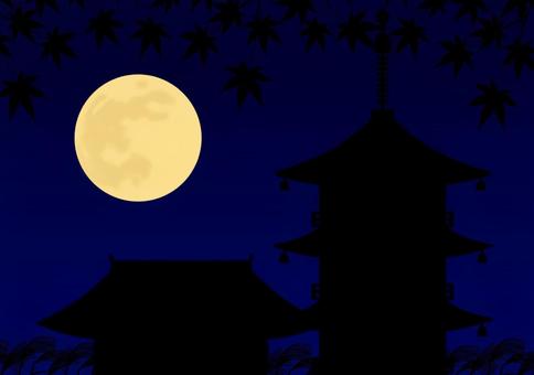 中秋の名月・満月と秋の五重塔・紅葉・寺 紅葉,中秋,名月,満月,十五夜,シルエット,影,秋,五重塔,寺のイラスト素材