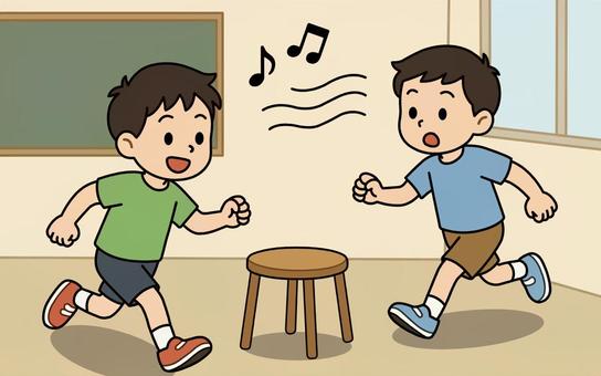 教室で椅子取りゲームをする少年たち 椅子取りゲーム,少年,教室,遊び,黒板,音符のイラスト素材