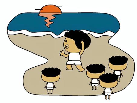 夕日に向かってダッシュ 夕日,海,先生,子供,男,太陽,青春,砂浜のイラスト素材