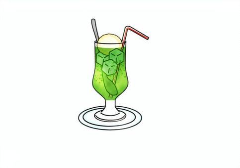 クリームソーダ 水彩風,クリームソーダ,メロンソーダ,バニラアイス,スプーン,ストロー,氷,グラスのイラスト素材