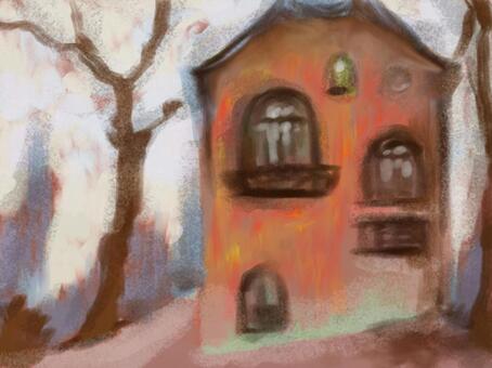 冬の洋館 風景,懐かしい,リラックス,パステルカラー,思い出,絵の具,クレヨン,パステル,イメージ,シンプルのイラスト素材