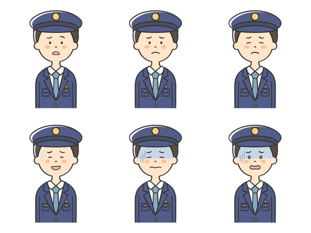 男性警察官の困った表情セット 警察官,困る,不安,悩む,落ち込む,焦る,不調,悲しむ,苦笑い,がっかりのイラスト素材