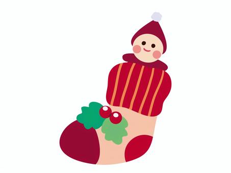 クリスマスの靴下に入っているお人形 クリスマス,靴下,木の実,お人形,赤,ラッピング,手描き,優しい,12月,オシャレのイラスト素材