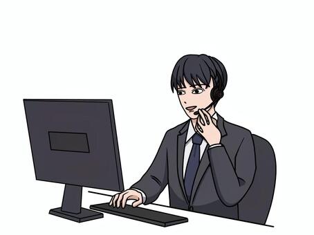 笑顔で対応するコールセンターのスーツ男性 笑顔,コールセンター,オペレーター,対応,スーツ,男性,優しい,話し方,ビジネス,パソコンのイラスト素材