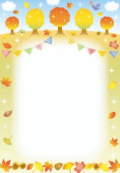 秋のわくわくフレーム（縦） 紅葉,秋,キラキラ,かわいい,フレーム,カード,背景,落ち葉,枯葉,きのこのイラスト素材