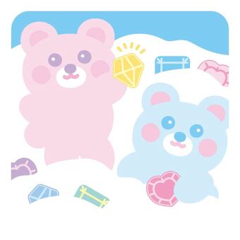 雪の中から宝探し（くま） 宝石,雪,冬,正面,上半身,ピンク色,黄色,白色,紫色,笑顔のイラスト素材