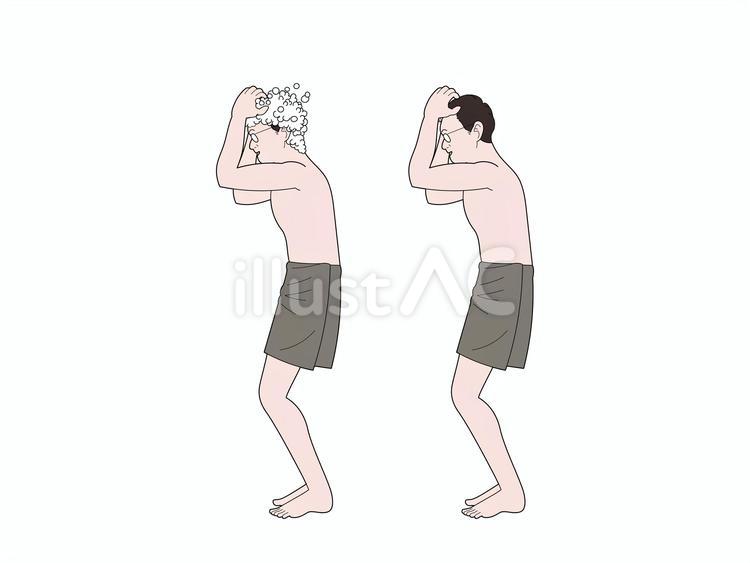 お風呂で頭を洗う男性 裸,タオル,体を洗うのイラスト素材