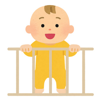 つかまり立ち赤ちゃん（黄色） 赤ちゃん,つかまり立ち,笑顔,黄色,ロンパースのイラスト素材