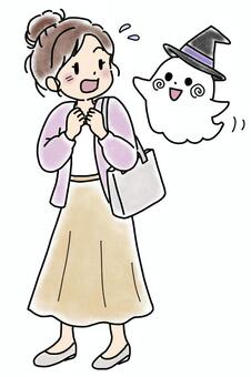 おばけに驚いておびえる女性 003 ハロウィン,おばけ,女性,驚く,怖い,大人,キャラクター,ホラー,秋,全身のイラスト素材