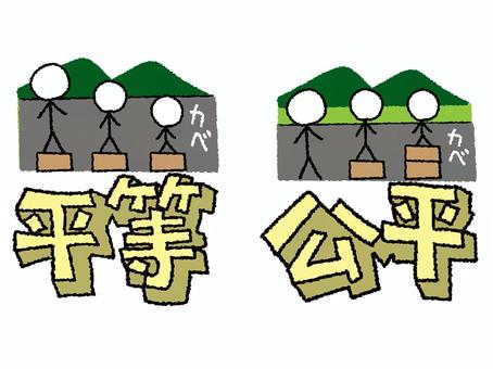 平等　公平 平等,公平,文字絵,立体,見える,見えない,違い,イメージ,pop調,手描きのイラスト素材