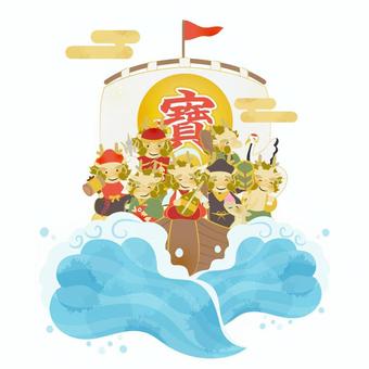 七福神と宝船　辰 冬,1月,辰,辰年,龍,年賀状,2024,令和六年,干支,お正月のイラスト素材