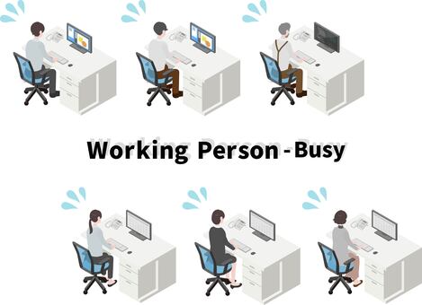 アイソメ_働く人詰合せ：忙しい アイソメトリック,忙しい,会社員,汗,オフィス,慌てる,男性,女性,オフィスワーク,パソコンのイラスト素材