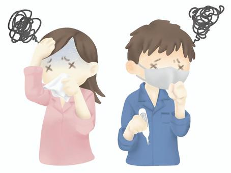 Illustration of a man and a woman having a cold, cold, bad tone, heat, JPG and PNG