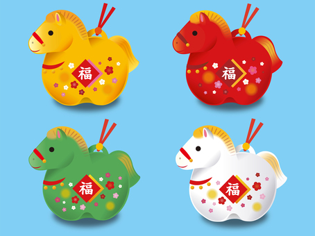 年賀状・干支・午年・横セット お正月,正月,年賀状,干支,午年,馬,白,白色,福,置き物のイラスト素材