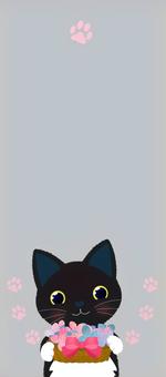 一筆箋　黒猫と肉球2 黒猫,猫,短毛,動物,愛猫,肉球,リボン,花,手紙,一筆箋のイラスト素材