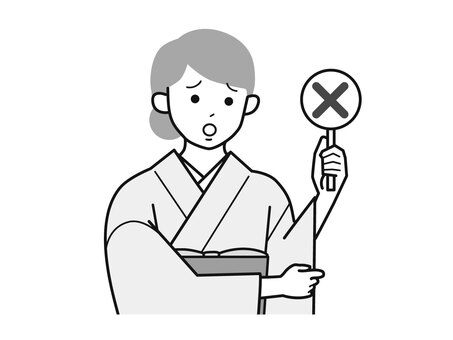 バツの札を持った着物女性A右向／白黒 バツ,札,残念,女性,お母さん,着物,講師,20代,30代,40代のイラスト素材