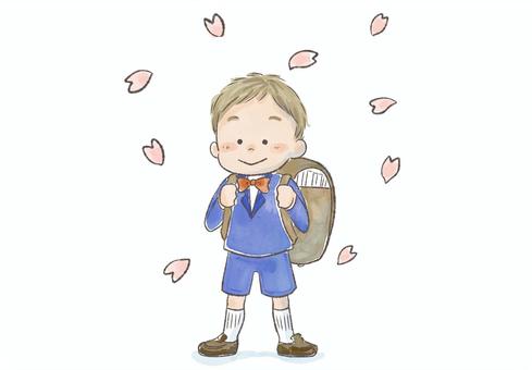 水彩風の新1年生 入学式,新入生,1年生,入学,小学校,小学生,水彩,子ども,桜,花びらのイラスト素材