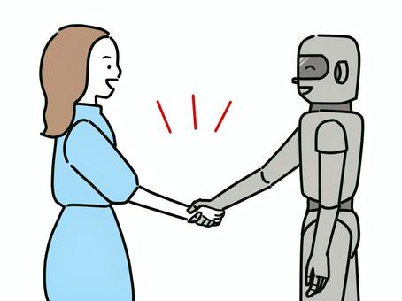 AIと手を取り合う女性のイメージ　握手 女性,女の人,綺麗,キレイ,ol,可愛い,かわいい,カワイイ,ロングヘア,シンプルのイラスト素材