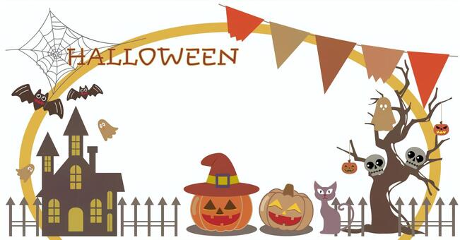 ハロウィン■ハロウィンイラストのバナー１ ハロウィン,パンプキン,ジャックオーランタン,館,蜘蛛,こうもり,お化け,モンスター,かぼちゃ,木のイラスト素材