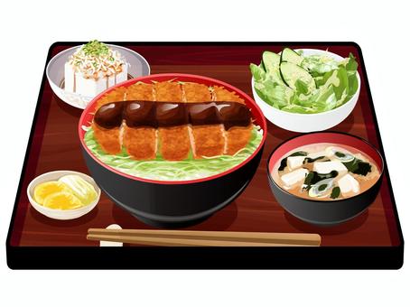 ソースカツ丼定食 ソースカツ丼,カツ丼,定食,料理,食べ物,丼物,とんかつ,味噌汁,ネギ,豆腐のイラスト素材