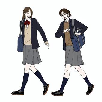 腕時計を見る女子高生と友達　漫画風 女子高生,マンガテイスト,腕時計,制服,通学,ローファー,ハイソックス,学生,学校,ブレザーのイラスト素材