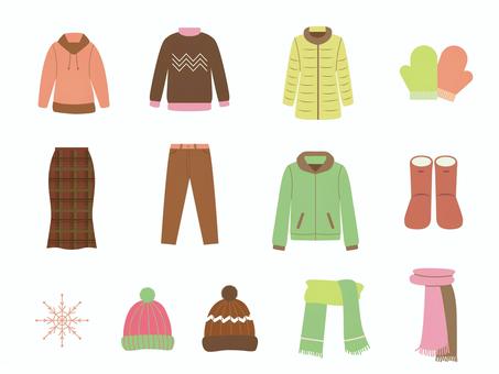 冬服のイラストセット2 冬服,セット,上着,手袋,長袖,セーター,ズボン,スカート,ニット帽,マフラーのイラスト素材