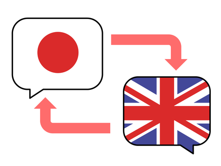 日本語と英語の翻訳のイメージ図　日英 翻訳,通訳,変換,英語,日本語,矢印,言語,アルファベット,アイコン,ユニオンジャックのイラスト素材