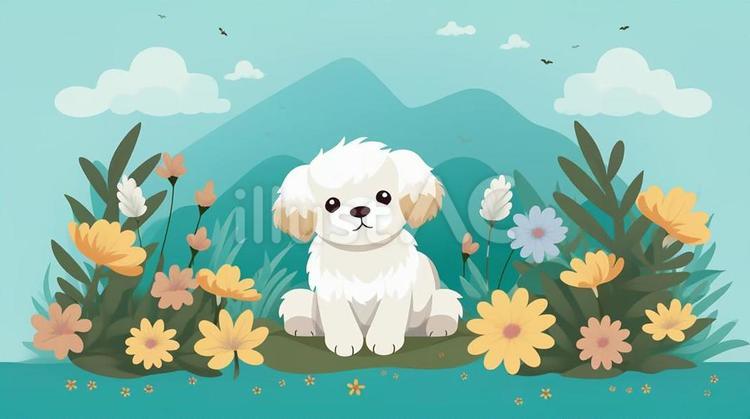 可愛い子犬ちゃんと花畑 子犬,花,かわいいのイラスト素材