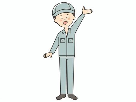 案内する男性作業員 案内する男性作業員 紹介,案内,説明,教える,重要,お知らせ,注目,誘導,元気,手を振るのイラスト素材