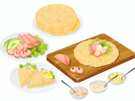手作りのおかずクレープ 手作りのおかずクレープ クレープ,調理,料理,食べ物,ハム,エビ,レタス,アボカド,コーン,マヨネーズのイラスト素材