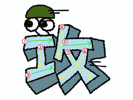 攻　漢字　書き順あり 攻,フォント,漢字,立体,文字絵,目,書き順,矢印,7画,可愛いのイラスト素材