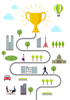 トロフィーと人々の日常風景 縦長バナー 縦長,バナー,ビジネス,トロフィー,成功,経済,人々,生活,道,街並みのイラスト素材