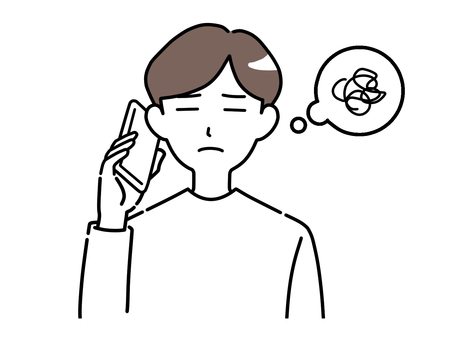 私服姿の若い男性　電話で困っているポーズ 男性,若い,私服,休日,困る,もやもや,悩む,考える,電話,相談のイラスト素材