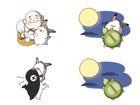 かわいいことわざイラスト４種セット④ 月とすっぽん,笑う門には福来る,口は災いの元,ことわざ,シンプル,かわいい,動物,うさぎ,スッポン,月のイラスト素材