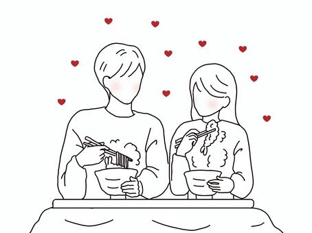 並んで年越しそばを食べるカップル 恋愛,カップル,年越しそば,こたつ,海老天,ハート,スウェット,トレーナー,ラフ,同棲のイラスト素材