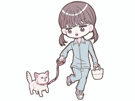 犬の散歩をする女性 散歩,犬,女性,ジャージ,茶髪,手描きのイラスト素材