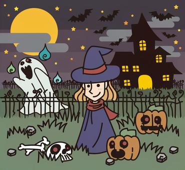 満月の夜のハロウィンパーティー ハロウィン,魔女,女の子,おばけ,ジャック・オー・ランタン,夜空,おばけ屋敷,コウモリ,かぼちゃ,墓場のイラスト素材