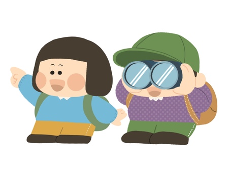 リュックを背負った二人_１ 指差し,望遠鏡,見る,笑顔,人,人物,男女,男子,女子,可愛いのイラスト素材