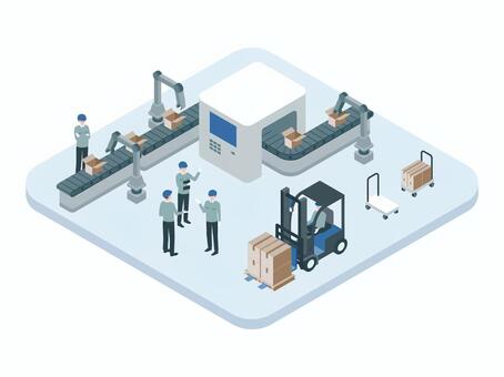 アイソメトリック_工場_ベルトコンベア アイソメトリック,立体,アイソメ,斜め上,倉庫,物流,フォークリフト,ベルトコンベア,出荷準備,在庫管理のイラスト素材