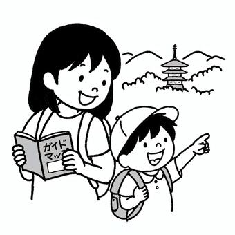 観光する親子 親子,母親,ママ,お母さん,女性,子供,男の子,少年,幼児,児童のイラスト素材