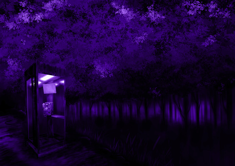 夜の心霊スポットの不気味な電話ボックス紫 電話ボックス,心霊スポット,公衆電話,不気味,怖い,ホラー,恐怖,オカルト,電話,お化けのイラスト素材