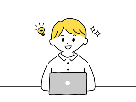 アイデアをひらめく男性 パソコン,ノートパソコン,pc,アイデア,ひらめき,成功,キラキラ,男性,シャツ,イラストのイラスト素材